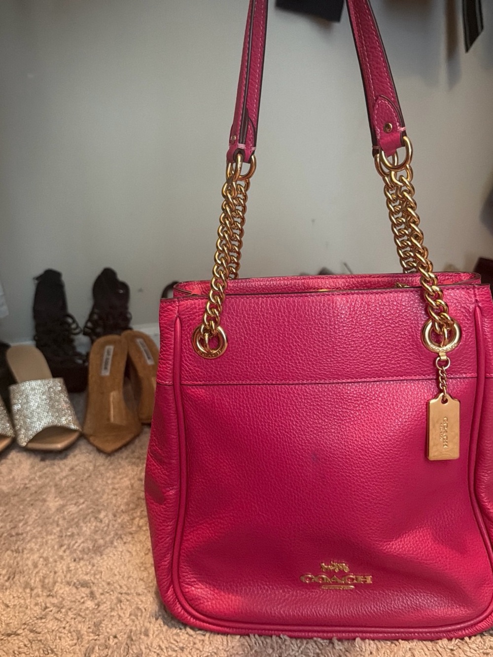Coach Pebbled Leather Shoulder Bag in Fuchsia with Gold Hardware